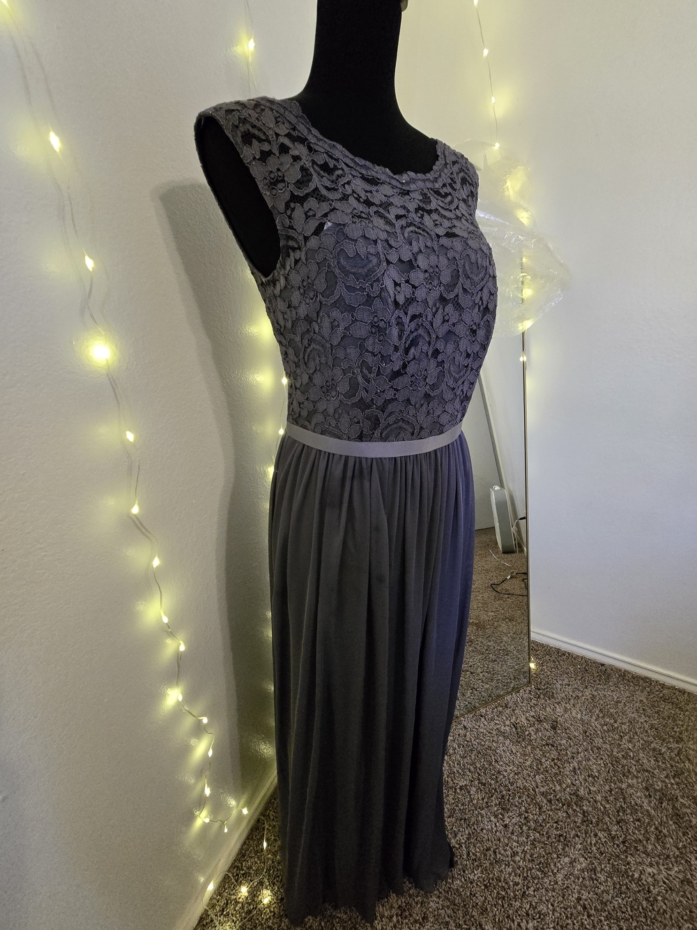 David's Bridal Slate Gray Lace Bodice Maxi Dress - Picture 2 of 8